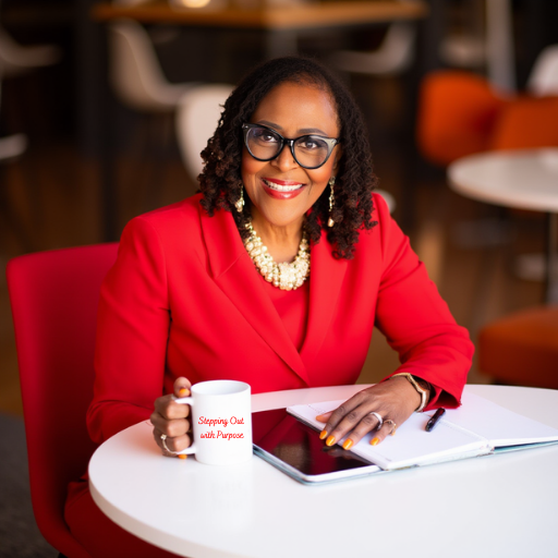 Dr. Valarie W. Harris, founder of Stepping Through Care, seated at a table with a Stepping Out with Purpose mug